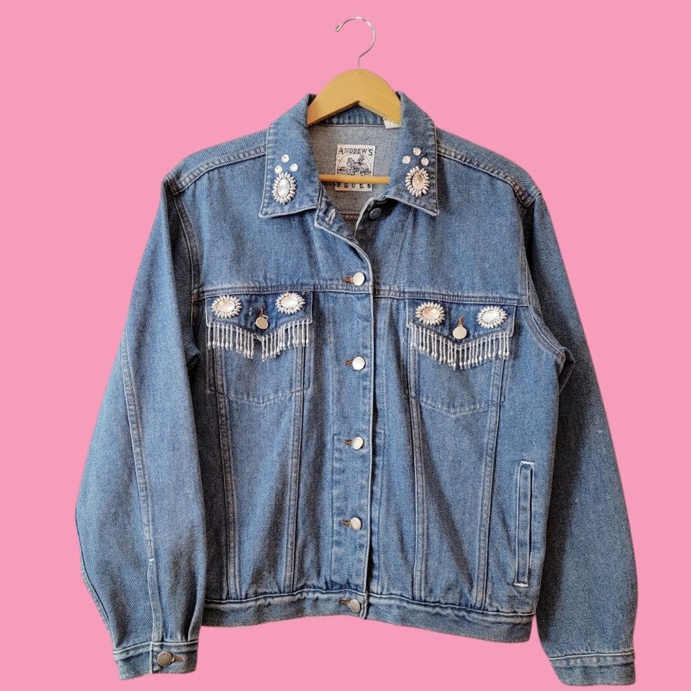 Vintage Western 90s 80s Bling Embellished Beaded Rhinestone Jean Jacket Small